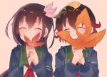  2girls ^_^ autumn_leaves bangs blue_jacket blush brown_hair closed_eyes closed_mouth covering_face flat_chest ginkgo gradient_hair hair_between_eyes happy holding holding_leaf hood hood_down hooded_jacket itomugi-kun jacket kantai_collection kisaragi_(kantai_collection) leaf leaf_on_head long_hair long_sleeves multicolored_hair multiple_girls mutsuki_(kantai_collection) neckerchief open_clothes open_jacket own_hands_together red_neckerchief redhead remodel_(kantai_collection) school_uniform serafuku shiny shiny_hair short_hair smile underwear 