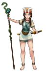 1girl absurdres anklet bare_legs barefoot blush brown_hair comic hat highres japanese_clothes jewelry katana kimono long_hair original short_kimono sleeveless sleeveless_kimono smile staff sword traditional_clothes tunic twintails wakizashi weapon yellow_eyes yewang19