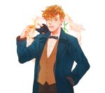  1boy animal bow bowtie brown_hair character_name chunsik coin dated fantastic_beasts_and_where_to_find_them flower newt_scamander simple_background solo sparkle upper_body white_background 