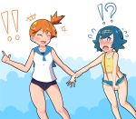  !! !? 2girls absurdres blue_hair cosplay costume_switch cutoffs flying_sweatdrops highres kasumi_(pokemon) kasumi_(pokemon)_(cosplay) multiple_girls orange_hair pokemon pokemon_(game) pokemon_sm school_swimsuit suiren_(pokemon) suiren_(pokemon)_(cosplay) suspenders swimsuit swimsuit_under_clothes 