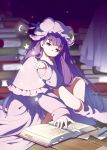  1girl absurdly_long_hair book capelet dress hat highres long_hair mob_cap namauni open_book patchouli_knowledge pointing purple_hair sitting touhou very_long_hair violet_eyes 