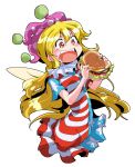  1girl american_flag_dress blonde_hair blush cheese clownpiece dress eating fairy_wings food hamburger hat highres jester_cap long_hair neck_ruff open_mouth polka_dot red_eyes salad shinapuu short_dress short_sleeves simple_background solo star star_print striped teeth tomato touhou upper_body white_background wings 