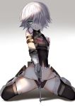  1girl assassin_of_black bandaged_arm bare_shoulders black_legwear fate/apocrypha fate_(series) green_eyes hair_over_one_eye highres holding holding_weapon karlwolf kneeling short_hair silver_hair sleeveless solo thigh-highs weapon 
