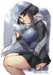  1girl blush breasts brown_eyes girls_und_panzer hat jacket large_breasts long_hair looking_at_viewer mika_(girls_und_panzer) military military_uniform one_eye_closed scarf school_uniform shinshin smile solo track_jacket translation_request uniform 