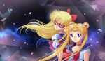  2girls aino_minako bishoujo_senshi_sailor_moon blonde_hair blue_eyes bow choker circlet double_bun floating_hair hair_bow hair_ornament hairclip highres long_hair looking_away mask miss.jc multiple_girls parted_lips petals sailor_collar sailor_moon sailor_v signature sky star_(sky) starry_sky tsukino_usagi twintails very_long_hair watermark web_address 