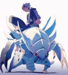  1boy chains full_body gold_chain golisopod grin guzuma_(pokemon) highres hood hoodie irima_(doron) looking_at_viewer male_focus pokemon pokemon_(creature) pokemon_(game) pokemon_sm sitting smile sunglasses sunglasses_on_head tattoo watch watch white_hair 