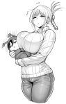  1girl baby braid breasts curvy denim flying_sweatdrops highres huge_breasts jeans long_hair mole mole_under_eye monochrome pants ribbed_sweater simple_background sketch sweater synecdoche thick_thighs thighs white_background wide_hips 