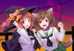  2girls akiyama_yukari anglerfish animal_ears bangs barbed_wire blouse brown_eyes brown_hair cape collar emblem english fangs fence girls_und_panzer green_skirt hand_on_headwear happy_halloween hat hat_ribbon highres kemonomimi_mode long_sleeves looking_at_viewer messy_hair miniskirt multiple_girls neckerchief nishizumi_miho open_mouth orange_background orange_ribbon pleated_skirt ribbon school_uniform serafuku sharp_nails short_hair skirt smile standing tail tomato-ed upper_body werewolf white_blouse witch_hat wolf_ears wolf_tail 