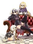  3girls armor armored_dress bell black_gloves black_legwear blonde_hair blush breasts elbow_gloves fate/apocrypha fate/grand_order fate_(series) gloves hair_ribbon headpiece jeanne_alter jeanne_alter_(santa_lily)_(fate) long_hair looking_at_viewer mgk968 multiple_girls ribbon ruler_(fate/apocrypha) short_hair smile solo_focus yellow_eyes 