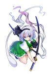  &gt;:( 1girl ascot bangs bent_knees black_ribbon blue_eyes breasts closed_mouth eyebrows_visible_through_hair frilled_skirt frills full_body green_skirt green_vest hair_ribbon hairband highres holding holding_sword holding_weapon ishimu katana konpaku_youmu konpaku_youmu_(ghost) leaning_forward looking_at_viewer puffy_short_sleeves puffy_sleeves ribbon scabbard serious sheath sheathed short_hair short_sleeves silver_hair skirt skirt_set small_breasts solo sword touhou vest weapon white_background 