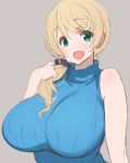  1girl aqua_eyes bare_shoulders blonde_hair breasts ellen_baker grey_background huge_breasts new_horizon open_mouth poin_(hidsuki) ribbed_sweater simple_background smile solo sweater sweater_vest 