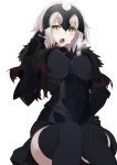  1girl ahoge armor armored_dress bangs black_legwear blush breasts breath capelet cowboy_shot eyebrows_visible_through_hair fate/apocrypha fate/grand_order fate_(series) fujimaru_ritsuka_(male) gauntlets gloves hair_twirling hand_up headpiece highres jeanne_alter looking_at_viewer medium_breasts open_mouth ruler_(fate/apocrypha) short_hair simple_background sitting slit_pupils solo thigh-highs vane white_background white_hair yellow_eyes zettai_ryouiki 