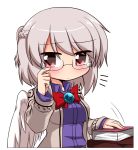  1girl belt blush book bow bowtie braid dress french_braid glasses highres jacket katsumi5o kishin_sagume long_sleeves open_clothes open_jacket purple_dress red_eyes short_ponytail silver_hair single_wing touhou wings 