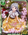  1girl belt card_(medium) cherry_blossoms dress_shirt earrings from_above grey_hair hair_ornament jewelry layered_skirt long_hair looking_at_viewer open_mouth outdoors pointy_ears seven_(sao) shirt skirt solo star sword_art_online violet_eyes white_shirt yellow_skirt 