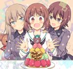 3girls arms_behind_back bangs birthday_cake black_skirt blouse blue_eyes blush boko_(girls_und_panzer) brown_eyes brown_hair cake character_name dress_shirt food gift girls_und_panzer grey_shirt hands_on_another&#039;s_shoulders happy_birthday hiding itsumi_erika long_hair long_sleeves looking_at_another multiple_girls neckerchief nishizumi_maho nishizumi_miho open_mouth pleated_skirt school_uniform serafuku shirt short_hair siblings silver_hair sisters skirt smile sparkle standing stuffed_animal stuffed_toy surprised takitarou teddy_bear upper_body white_blouse 