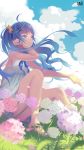  1girl absurdres ai-chan_(playstation) artist_request bare_legs barefoot blue_eyes blue_hair blurry clouds cloudy_sky depth_of_field floating_hair flower hair_ornament hand_to_head highres long_hair outdoors parted_lips petals sky sleeveless solo 