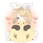  1girl bird blonde_hair blue_eyes blush bow chick eyelashes hair_ornament hairclip heart heart-shaped_pupils hug kagamine_rin looking_at_viewer one_eye_closed shoes short_hair simple_background solo squishing stuffed_toy symbol-shaped_pupils vocaloid 