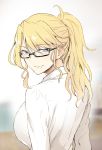  1girl blonde_hair blue_eyes breasts colored commentary commentary_request glasses highres ishima_yuu large_breasts long_hair original ponytail shirt smile teacher 