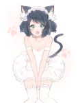  1girl :o animal_band_legwear animal_ears aqua_eyes arm_strap bangs between_legs breasts cat_band_legwear cat_ears cat_tail cleavage curly_hair cyan_(show_by_rock!!) dress female gradient gradient_background hand_between_legs looking_at_viewer maid_headdress marin_(myuy_3) paw_print short_hair show_by_rock!! signature solo tail thigh-highs white_background white_dress white_legwear 