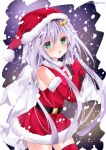  1girl bare_shoulders belt blush chestnut_mouth christmas crescent crescent_hair_ornament elbow_gloves gloves green_eyes hair_ornament hat kantai_collection long_hair looking_at_viewer nanase_nao open_mouth purple_hair red_thighhighs sack santa_costume santa_hat short_hair_with_long_locks sideburns snow snowing solo thigh-highs thighs tongue yayoi_(kantai_collection) zettai_ryouiki 