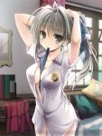 1girl black_ribbon breasts brown_eyes brown_hair cleavage indoors licorice_nelson long_hair looking_at_viewer medium_breasts mouth_hold open_clothes open_shirt ribbon ribbon_in_mouth senjou_no_valkyria senjou_no_valkyria_2 shirt smile solo watermark white_shirt 