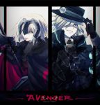  1boy 1girl :p adjusting_clothes adjusting_hat ankai_(rappelzankai) black_gloves blonde_hair cape edmond_dantes_(fate/grand_order) electricity evil_grin evil_smile fate/grand_order fate_(series) fedora gloves grin hat headpiece jeanne_alter letterboxed looking_at_viewer necktie outstretched_hand pale_skin ruler_(fate/apocrypha) smile split_screen tongue tongue_out wavy_hair white_hair yellow_eyes 