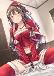  1girl absurdres belt blush brown_hair capelet ceiling commentary_request fur_trim gloves hat highres kantai_collection lipstick long_hair looking_at_viewer makeup midriff naganami_(kantai_collection) navel pom_pom_(clothes) ponytail santa_costume santa_hat sidelocks smile solo straddling sweat thigh-highs white_gloves 