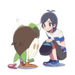  1boy adjusting_hair agata_(agatha) bangs baseball_cap black_hair black_hat capri_pants comb dartrix grey_eyes hair_dryer hat hat_removed headwear_removed male_focus male_protagonist_(pokemon_sm) pants pokemon pokemon_(creature) pokemon_(game) pokemon_sm role_reversal shirt shoes short_hair simple_background sneakers solo squatting striped striped_shirt sweatdrop swept_bangs t-shirt white_background 