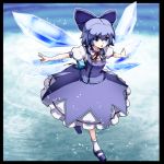  1girl black_border blue_bow blue_eyes blue_hair blue_shoes blue_skirt blue_vest border bow cirno frilled_skirt frills full_body hair_between_eyes hair_bow ice ice_background ice_wings kikoka_(mizuumi) layered_skirt looking_at_viewer neck_ribbon open_mouth outstretched_arms puffy_short_sleeves puffy_sleeves red_ribbon ribbon shirt shoes short_hair short_sleeves skirt solo spread_arms touhou vest white_legwear white_shirt white_skirt wings 