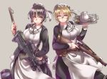  2girls ammunition apron ayyh black_hair blonde_hair bucket bullet cartridge cup dress frills glasses gun hair_ornament highres holding holding_weapon looking_at_viewer maid maid_apron maid_headdress multiple_girls plate red_eyes ribbon rifle saucer shell_casing skirt smile tagme tea tea_set teacup teapot tray water weapon wrist_cuffs 