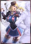  1girl blonde_hair blue_eyes blue_legwear breasts garter_straps large_breasts leila_peron long_hair lowres military military_uniform open_mouth outdoors senjou_no_valkyria senjou_no_valkyria_3 snowball solo thigh-highs uniform 