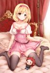  1girl bed blonde_hair breasts character_doll cleavage collarbone curtains djeeta_(granblue_fantasy) dress granblue_fantasy hairband no_shoes off_shoulder on_bed percival_(granblue_fantasy) pink_dress puffy_short_sleeves puffy_sleeves sadakofxe short_hair short_sleeves solo thigh-highs yellow_eyes 