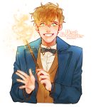  1boy blue_eyes bow bowtie brown_hair character_name chunsik dated fantastic_beasts_and_where_to_find_them green_eyes newt_scamander simple_background solo sparkle teeth upper_body wand white_background 