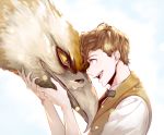  1boy bird bow bowtie brown_hair fantastic_beasts_and_where_to_find_them newt_scamander open_mouth sky solo teeth tonomayo upper_body 