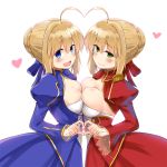  2girls :d ahoge bangs blue_dress blue_eyes blush braid breast_press breasts center_opening cleavage dress epaulettes eyebrows_visible_through_hair fate/extra fate/stay_night fate_(series) french_braid green_eyes hair_bun heart heart_ahoge heart_hands heart_hands_duo lace-trimmed_sleeves large_breasts long_sleeves looking_at_viewer multiple_girls open_mouth puffy_long_sleeves puffy_sleeves red_dress saber saber_extra short_hair_with_long_locks simple_background smile standing subaru_(794829485) symmetrical_docking symmetry white_background 