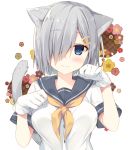  1girl absurdres animal_ears blue_eyes blush breasts cat_ears cat_tail eyebrows_visible_through_hair fang_out floral_background gloves hair_ornament hair_over_one_eye hairclip hamakaze_(kantai_collection) highres kantai_collection large_breasts looking_at_viewer miko_92 neckerchief paw_pose school_uniform serafuku short_hair short_sleeves silver_hair smile solo tail upper_body white_background white_gloves 