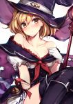  &lt;:t 1girl :t bangs bare_shoulders between_legs black_legwear blonde_hair blush breasts brown_eyes collarbone djeeta_(granblue_fantasy) dress eyebrows_visible_through_hair frilled_sleeves frills gloves granblue_fantasy hair_between_eyes hairband hand_between_legs hand_up hat highres knees_up looking_at_viewer medium_breasts neckerchief oyu_(sijimisizimi) pleated_skirt puffy_short_sleeves puffy_sleeves short_hair short_sleeves simple_background sitting skirt solo staff thigh-highs warlock_(granblue_fantasy) white_background white_gloves white_skirt witch_hat 