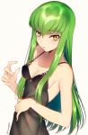  1girl c.c. camisole code_geass creayus dress green_hair long_hair looking_at_viewer simple_background solo yellow_eyes 