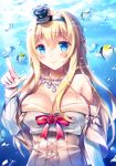  1girl blonde_hair blue_eyes braid breasts cleavage crown dress fish flower french_braid fukase_ayaka hairband jewelry kantai_collection long_hair long_sleeves mini_crown necklace off-shoulder_dress off_shoulder red_ribbon red_rose ribbon rose underwater warspite_(kantai_collection) white_dress 