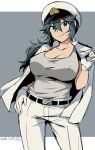  1girl 2016 belt breasts cleavage commentary_request dated epaulettes female_admiral_(kantai_collection) gloves green_eyes green_hair grey_background hair_between_eyes hand_on_hip hat ikeshita_moyuko jacket jacket_on_shoulders kantai_collection large_breasts long_hair low_ponytail military military_hat military_uniform pants peaked_cap shiomi_kaoru smile solo standing tank_top translation_request uniform white_gloves white_jacket white_pants 