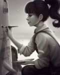  1girl canvas_(object) collared_shirt greyscale holding holding_paintbrush lips long_sleeves looking_ahead magion02 monochrome nose original paintbrush painting ponytail profile shirt signature sleeves_rolled_up smile solo white_shirt 