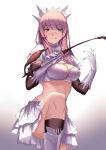  1girl :q black_legwear blush breasts brown_eyes cleavage fate/grand_order fate_(series) gloves highres karlwolf kneehighs long_hair looking_at_viewer medb_(fate/grand_order) midriff pink_hair skirt smile solo tongue tongue_out whip white_gloves 