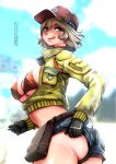  1girl blonde_hair bra breasts cidney_aurum cleavage cropped_jacket denim denim_shorts erect_nipples final_fantasy final_fantasy_xv hat licking_lips looking_at_viewer short_shorts shorts shorts_pull solo souryu tan tanline text tongue tongue_out translated underwear 