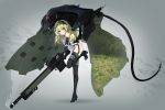  1girl absurdres bangs black_gloves black_legwear blush boots cloak commentary covered_navel elbow_gloves eyebrows_visible_through_hair gloves green_hair grey_background gun hair_between_eyes headgear highres holding holding_gun holding_weapon leotard long_hair looking_at_viewer mecha_musume military oota_youjo original parted_lips red_eyes rifle scope shadow sniper_rifle solo standing standing_on_one_leg suppressor thigh-highs thigh_boots thighs weapon 
