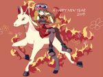  1girl 2014 bangle black_legwear blonde_hair blue_eyes bracelet collared_shirt dadadanoda fire full_body happy_new_year hat horseback_riding jewelry long_hair low_ponytail new_year pleated_skirt pokemon pokemon_(creature) pokemon_(game) pokemon_xy rapidash red_background riding serena_(pokemon) shirt shoes simple_background skirt sleeveless smile solo sunglasses sunglasses_on_head text thigh-highs 
