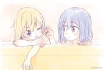  2girls ;o bath bathing blonde_hair blue_hair blush_stickers brown_eyes child collarbone eye_contact eyebrows eyelashes female fingernails flip_flappers hair_between_eyes hand_in_another&#039;s_hair hand_on_own_shoulder kokomine_cocona light_smile looking_at_another multiple_girls niina_ryou nude one_eye_closed open_mouth shared_bathing short_hair twitter_username violet_eyes watermark yayaka younger 