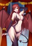  1girl armpits bangs bare_shoulders black_gloves black_legwear black_sclera blurry_background breasts bridal_gauntlets center_opening cleavage contrapposto curtains demon_girl demon_horns demon_tail demon_wings earrings elbow_gloves eyelashes fingernails gloves groin hand_on_head highres horns jewelry large_breasts lips lipstick liu_lan long_hair looking_at_viewer makeup nail_polish navel original parted_lips pointy_ears red_lips red_lipstick red_nails redhead sharp_fingernails shiny shiny_hair sketch skin_tight solo standing stomach strapless tail window wings 