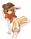  1girl animal_ears barefoot blonde_hair blush breasts crop_top crop_top_overhang flat_cap groin hat highres katsumi5o lowleg medium_breasts midriff navel orange_shirt puffy_short_sleeves puffy_sleeves rabbit_ears red_eyes shirt short_sleeves shorts smile spread_legs touhou 