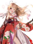  ahoge blonde_hair breasts cherry_blossoms cleavage eyebrows_visible_through_hair floral_print hair_flaps hair_ornament hair_tie hairclip haruno_suzuran_(latte) highres japanese_clothes kantai_collection kimono long_hair long_sleeves one_eye_closed open_mouth red_eyes red_yukata remodel_(kantai_collection) scarf simple_background white_background wide_sleeves yuudachi_(kantai_collection) 