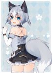  1girl animal_ears bandaid bandaid_on_face bare_shoulders blue_eyes bow cowboy_shot detached_collar dress elbow_gloves fox_ears fox_tail frilled_dress frills from_behind fur_trim garter_straps gloves grey_hair grey_legwear hair_between_eyes highres jewelry looking_at_viewer looking_back muryou open_mouth original ring short_dress short_hair solo standing tail thigh-highs white_gloves 